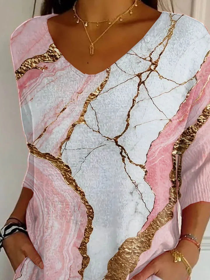 Women's Three Quarter Sleeve T-shirt Spring/Fall Pink Abstract Printing V Neck Daily Going Out Casual Top