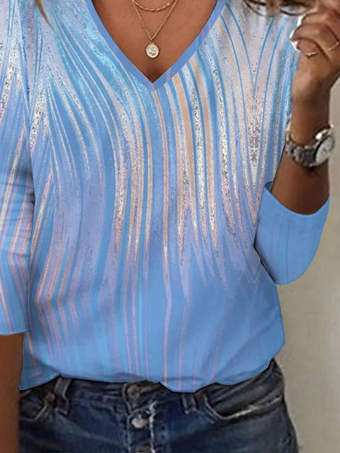 Women's Long Sleeve T-shirt Spring/Fall Blue Abstract Printing Jersey V Neck Daily Going Out Casual Top