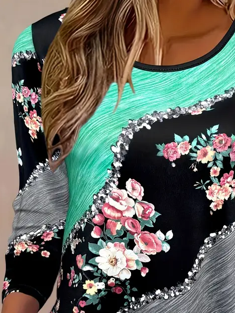 Women's Floral Color Block Print Casual Round Neck Tunic Long Sleeve T-Shirt