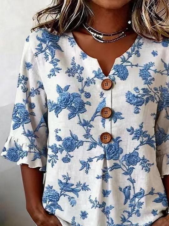 Women's Half Sleeve Blouse Summer White Floral Printing V Neck Daily Going Out Vintage Top