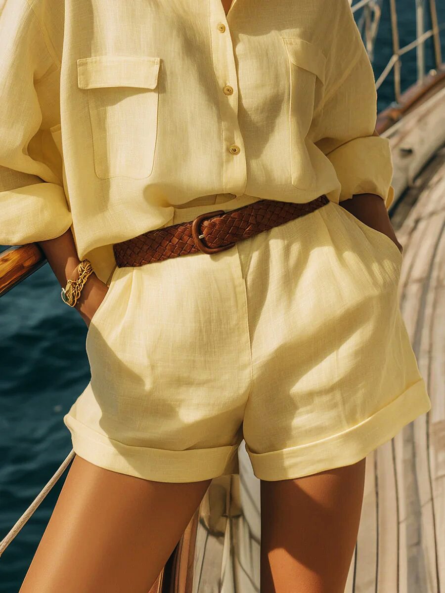 Women's Split Joint Plain Daily Going Out Two-Piece Set Yellow Casual Summer Top With Pants Matching Set