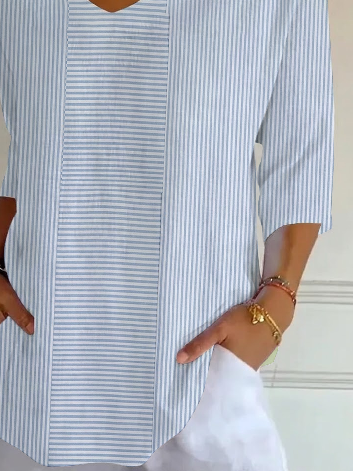 Women's Three Quarter Sleeve T-shirt Spring/Fall Blue Striped Printing V Neck Daily Going Out Casual Top