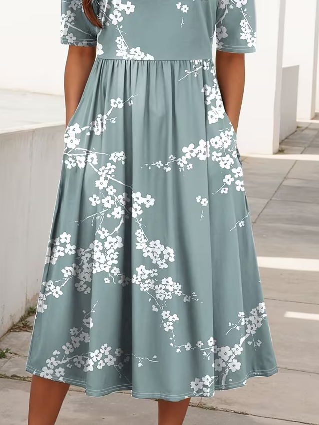 Women's Short Sleeve Summer Grey-blue Floral Printing Crew Neck Daily Going Out Casual Maxi H-Line Shift Dress Dress