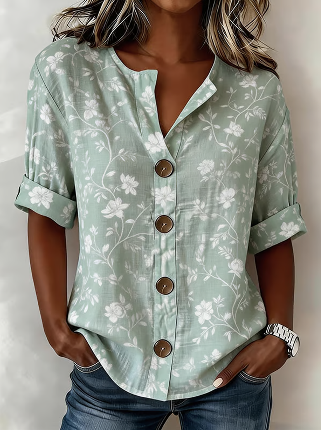 Loose Linen Blend Stand Collar Vintage Shirt