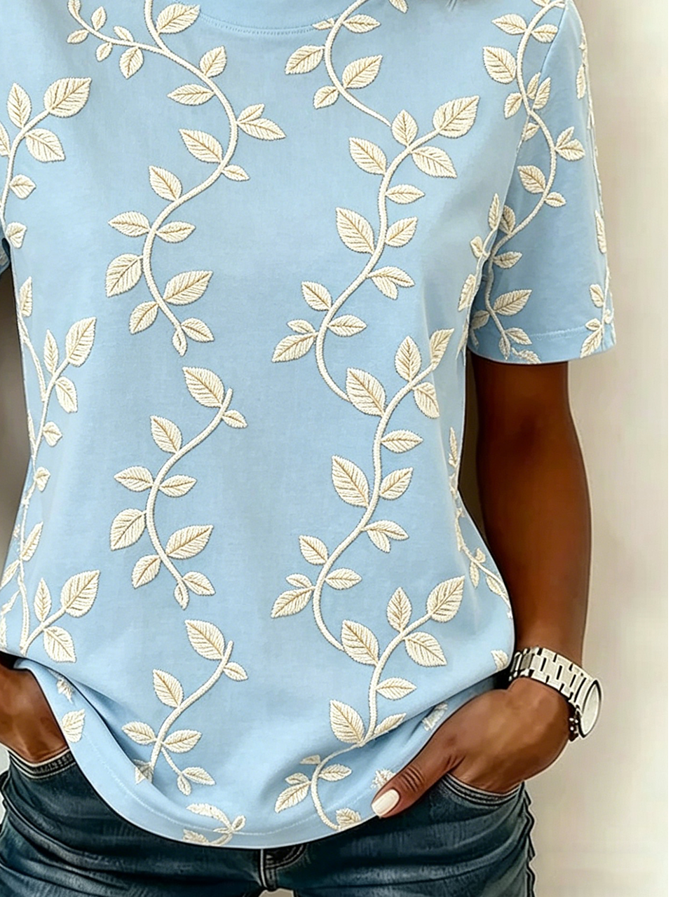 Botanical Pattern Cotton Crew Neck Casual T-Shirt