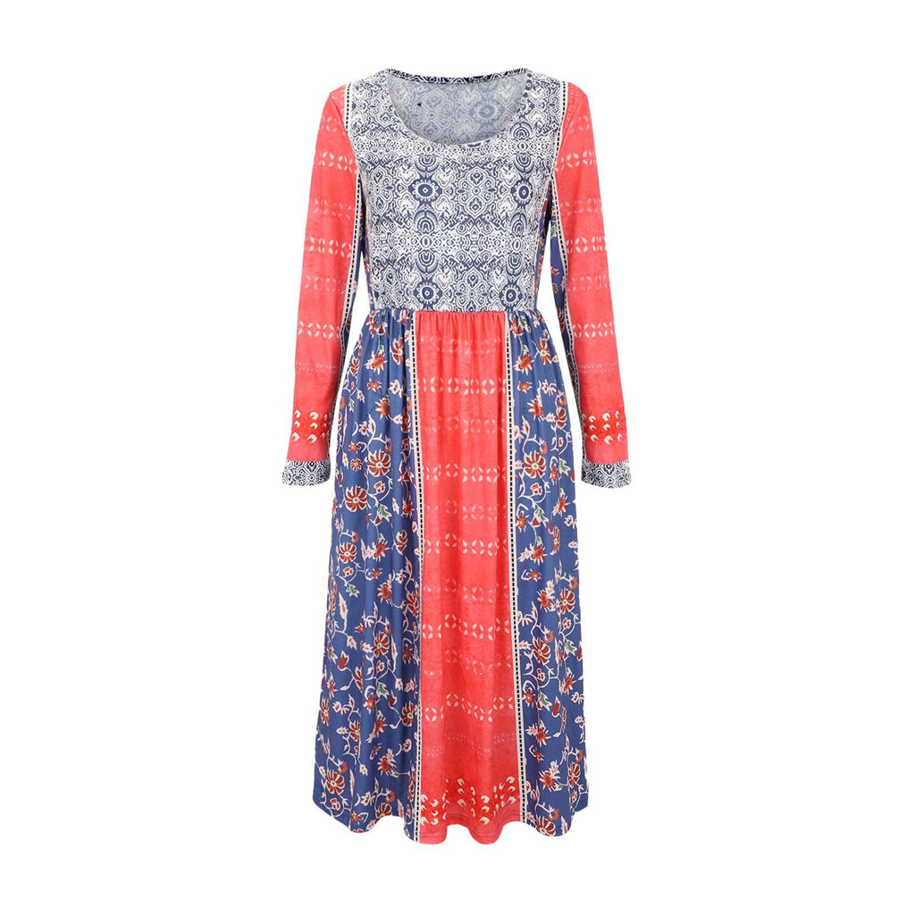 Floral Vintage Loose Crew Neck Dress With No