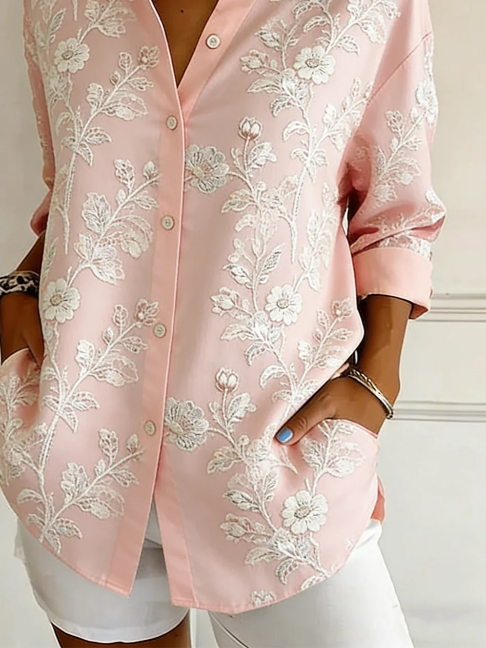 Shirt Collar Floral Simple Loose Shirt