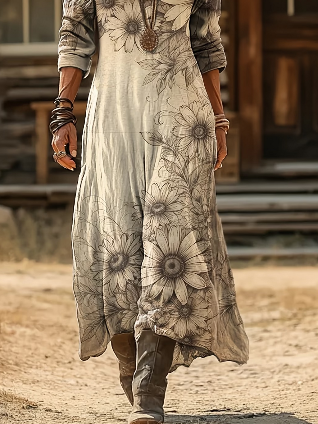 Women's Long Sleeve Spring/Fall Apricot Floral Printing V Neck Daily Going Out Vintage Maxi H-Line Dress