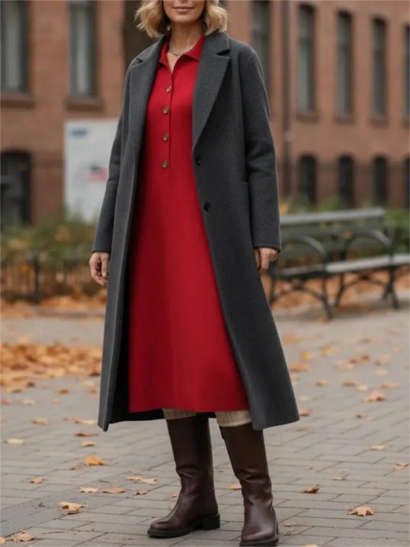 Shawl Collar Casual Plain Loose Sweater Dress With No
