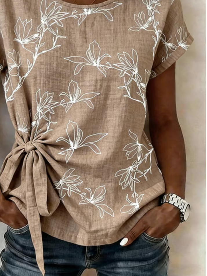 Elegant Loose Botanical Pattern Crew Neck Shirt