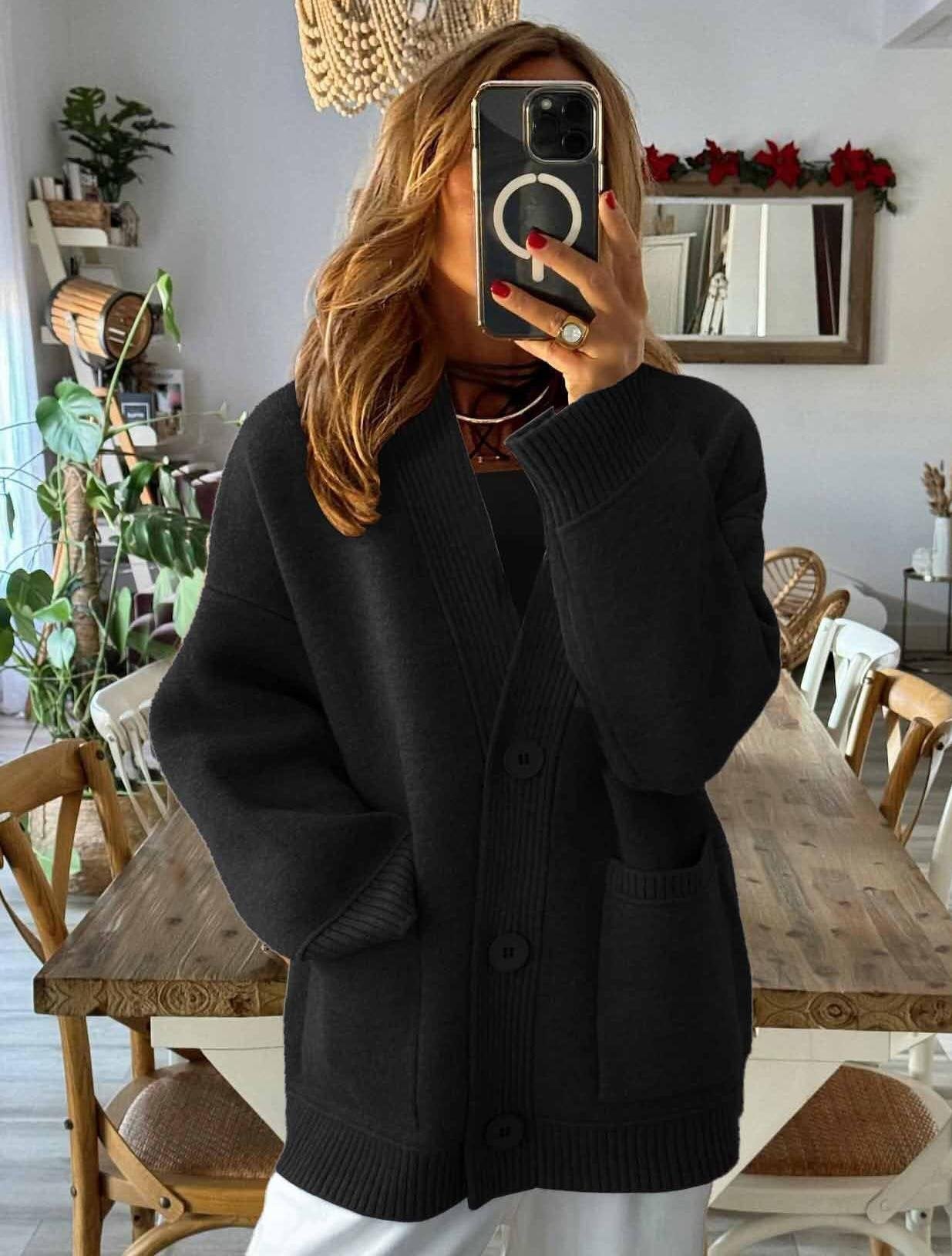 Women's Solid Color Autumn And Winter Thick Retro Sweater Long Sleeve Pocket Cardigan