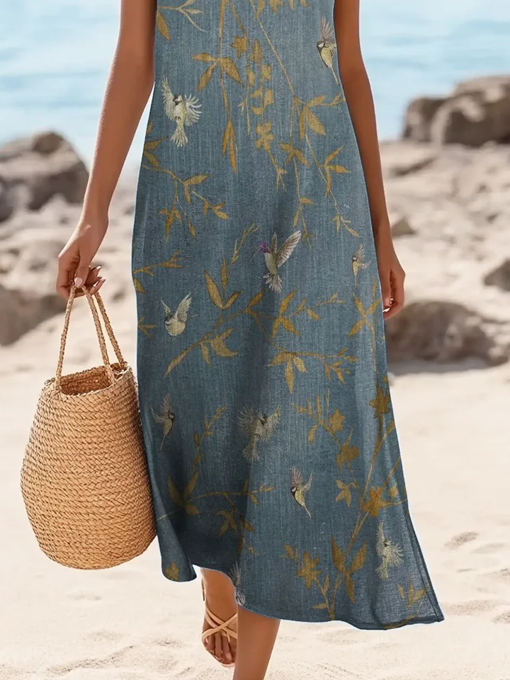 Women's Sleeveless Summer Blue Floral Printing Crew Neck Daily Going Out Casual Maxi H-Line Tank Dress