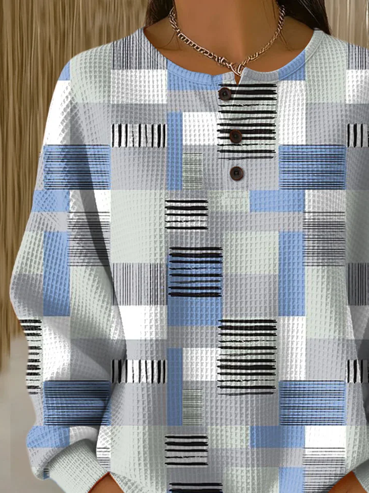 Women's Abstract Print Button-Up Casual Waffle Knit Sweatshirt