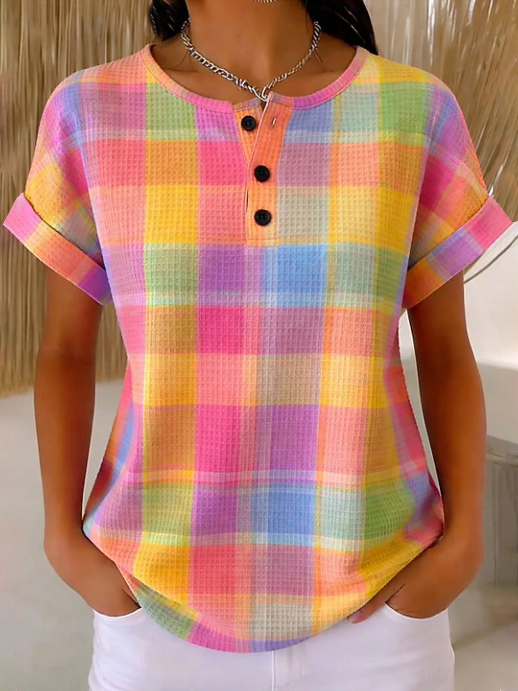 Women's Short Sleeve T-shirt Summer As Picture Plaid Printing Crew Neck Daily Going Out Vintage Top