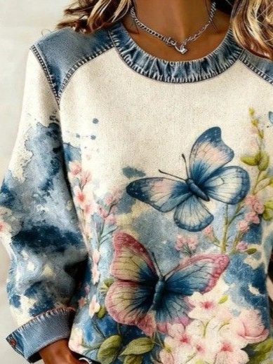 Women's Flower Butterfly Print Patchwork Denim Crewneck Long-Sleeved Sweatshirt