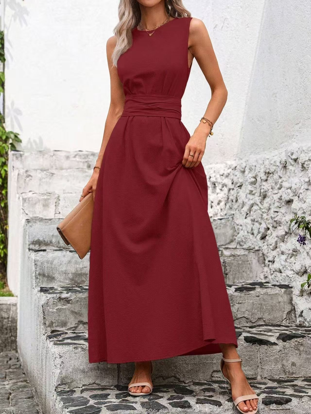 Elegant Plain Sleeveless Crew Neck Wrinkle Maxi Dress