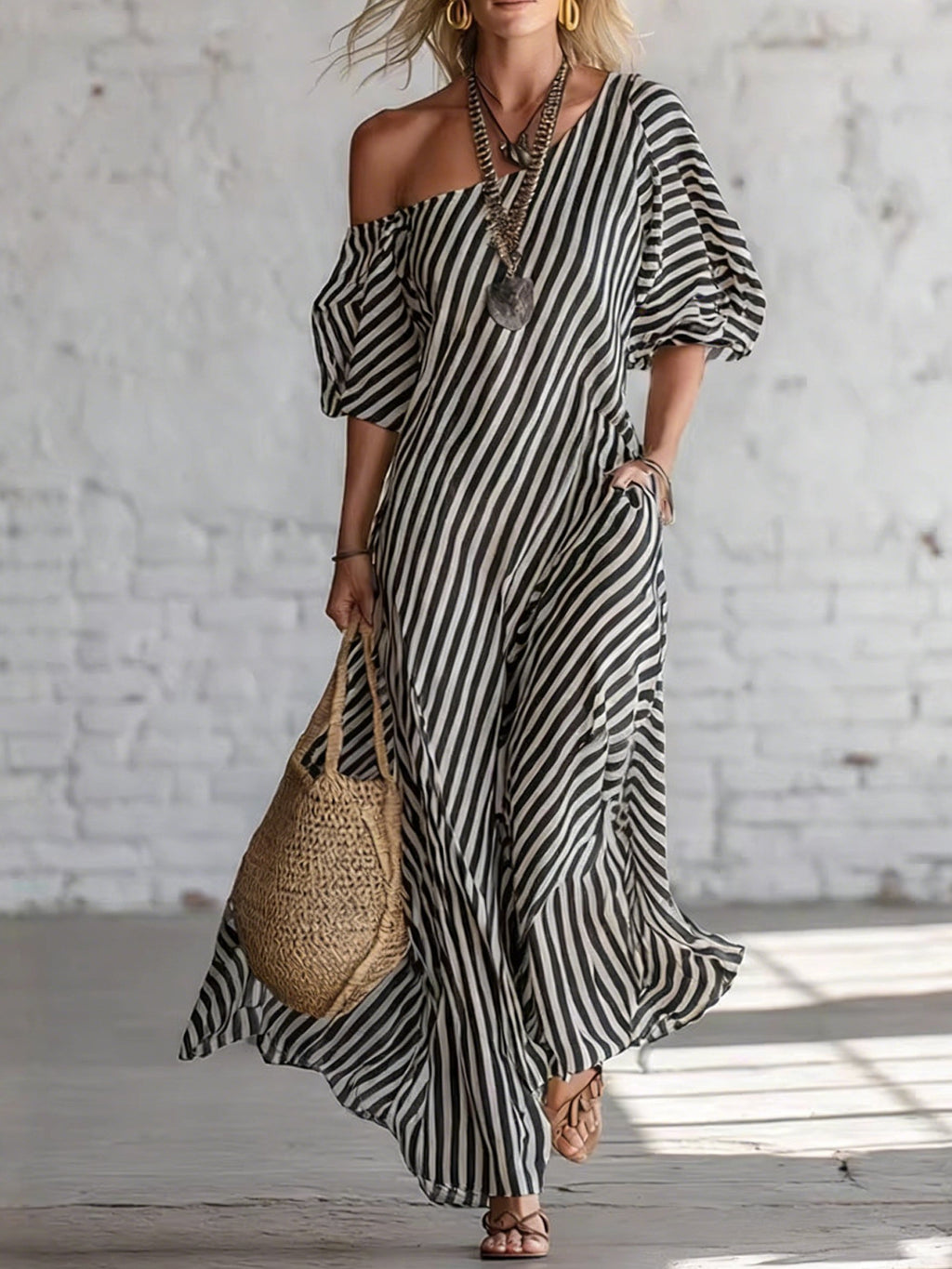 Striped Asymmetrical Neck Puff Short Sleeve Spring Summer Casual Maxi Dress