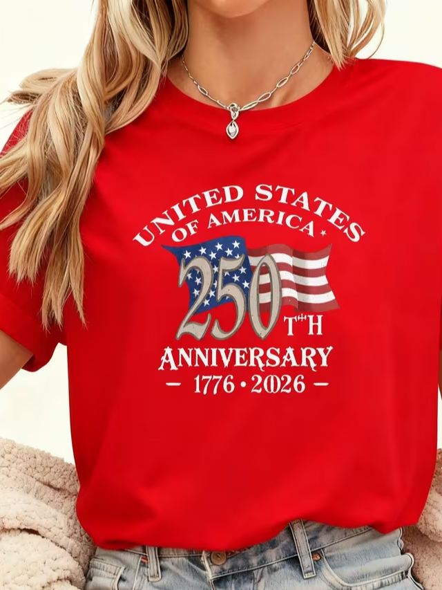 Women's 250th Anniversary Of The Founding Of the United States Short Sleeve T-shirt Summer Red Text Letters Printing Jersey Crew Neck Daily Going Out Casual Top