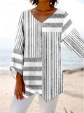 V Neck Cotton Striped Elegant Blouse