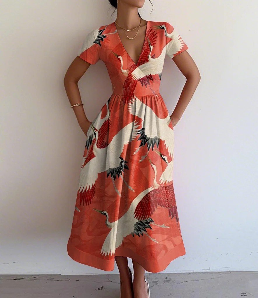V Neck Animal Vacation Regular Fit Dress With No