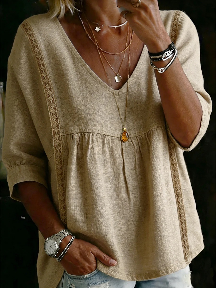 Plain Lace Trim The Quarter Sleeve V Neck Casual Blouse