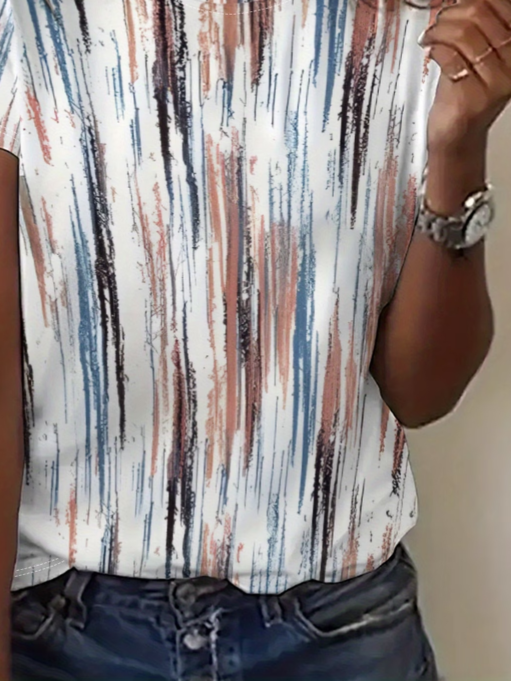 Women's Short Sleeve T-shirt Summer White Abstract Stripes Printing Jersey Crew Neck Daily Going Out Casual Top