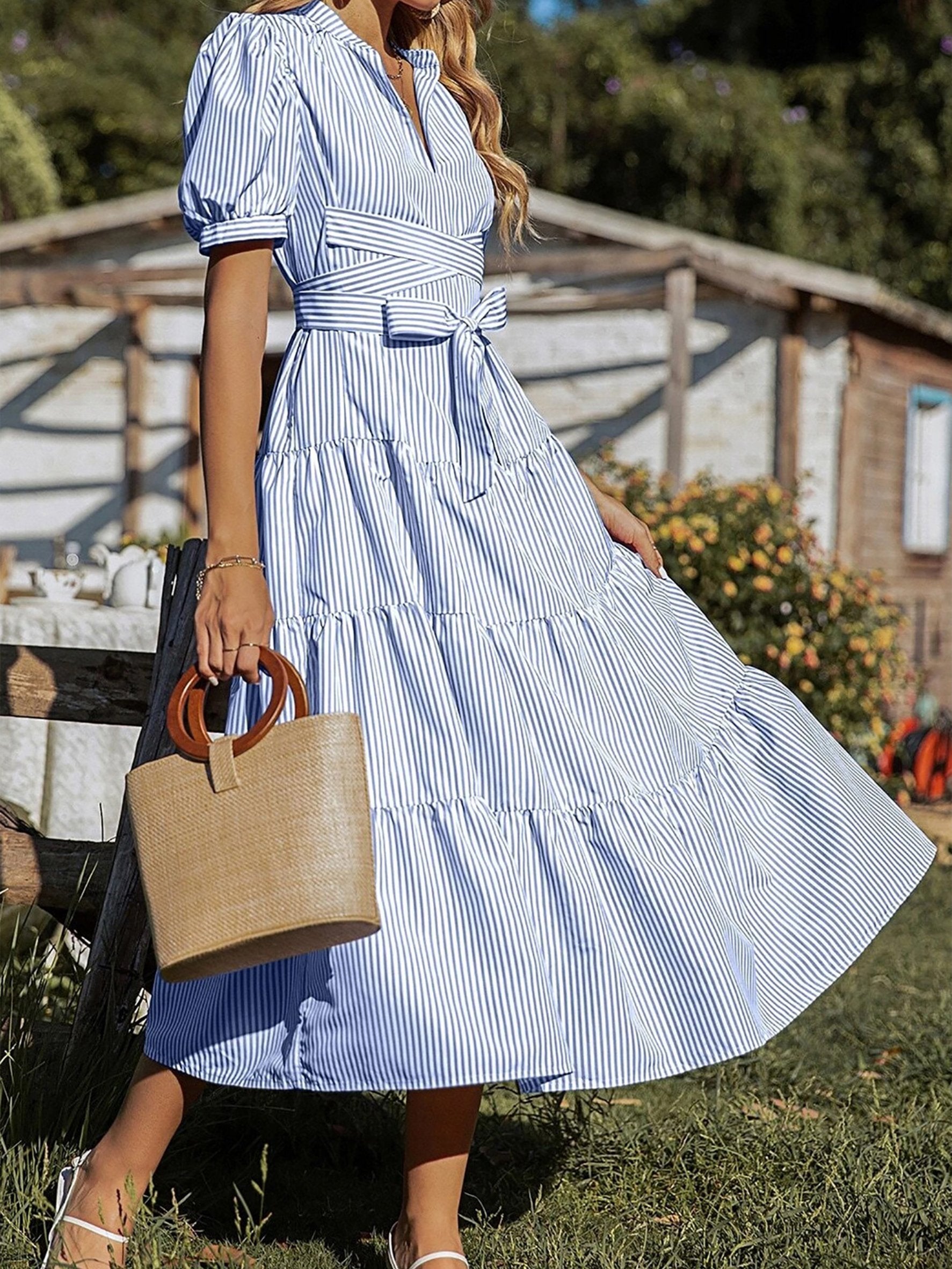 Blue Sttipe Belt Puff Short Sleeve V Neck Ruffle A-line Summer Eatsre Casual Dress