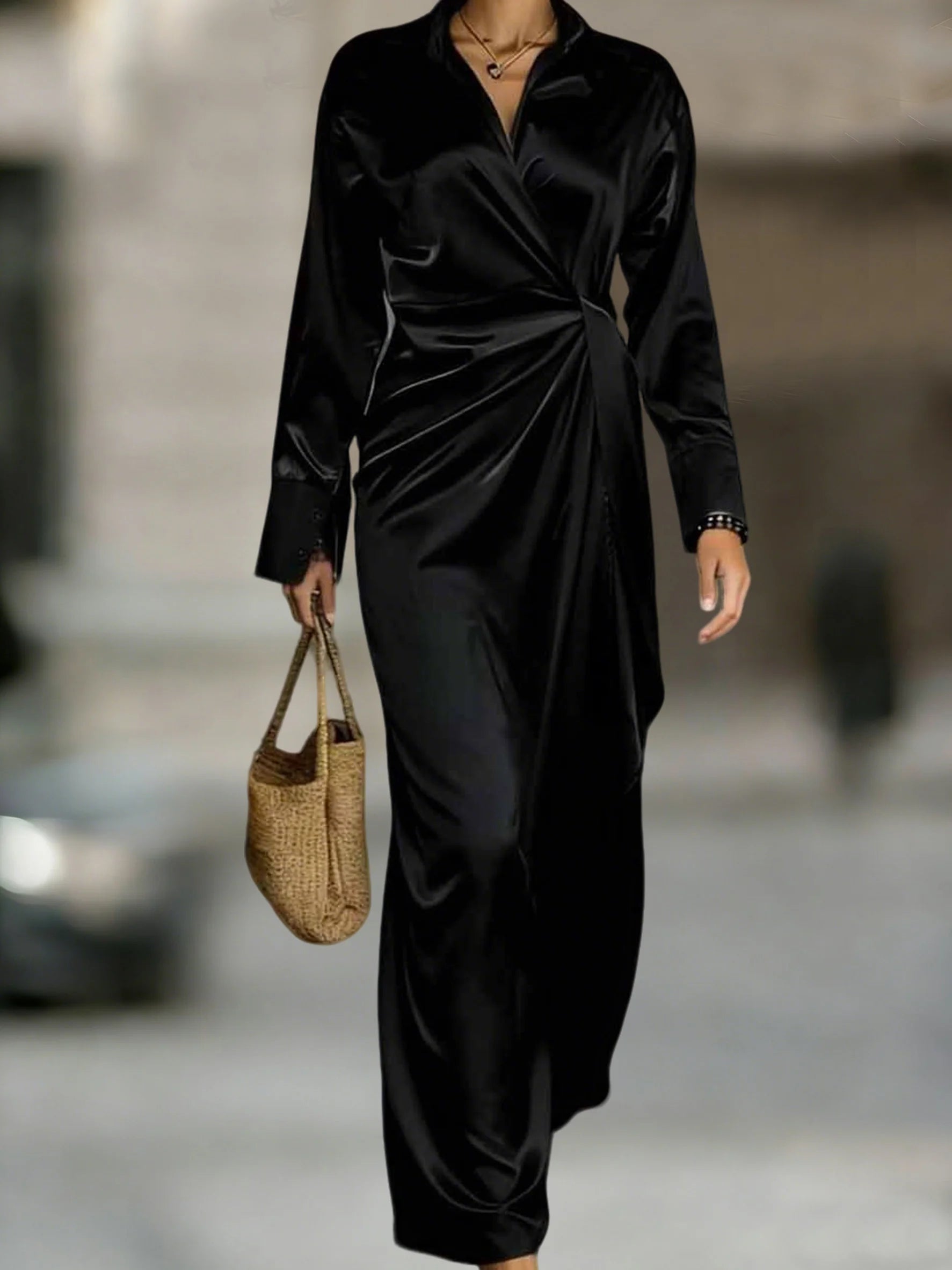 Stain Plain V Neck Long Sleeve Elegant Slit Maxi Dress