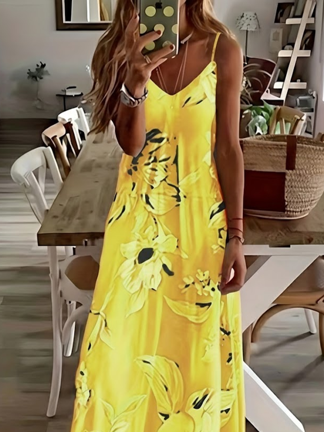 Women's Sleeveless Summer Yellow Floral Printing V Neck Daily Going Out Casual Maxi X-Line Slip Dress Dress