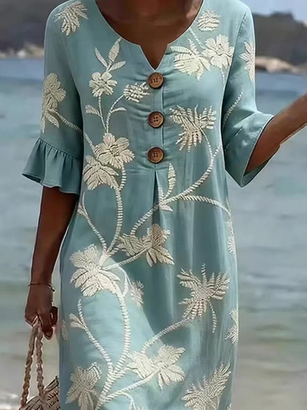 Floral Printed V Neck Short Sleeve Button A-Line Summer Casual Midi Dress