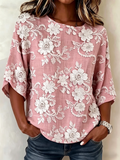 Light Brown 3D Flower Print Round Neck 3/4 Sleeve Blouse