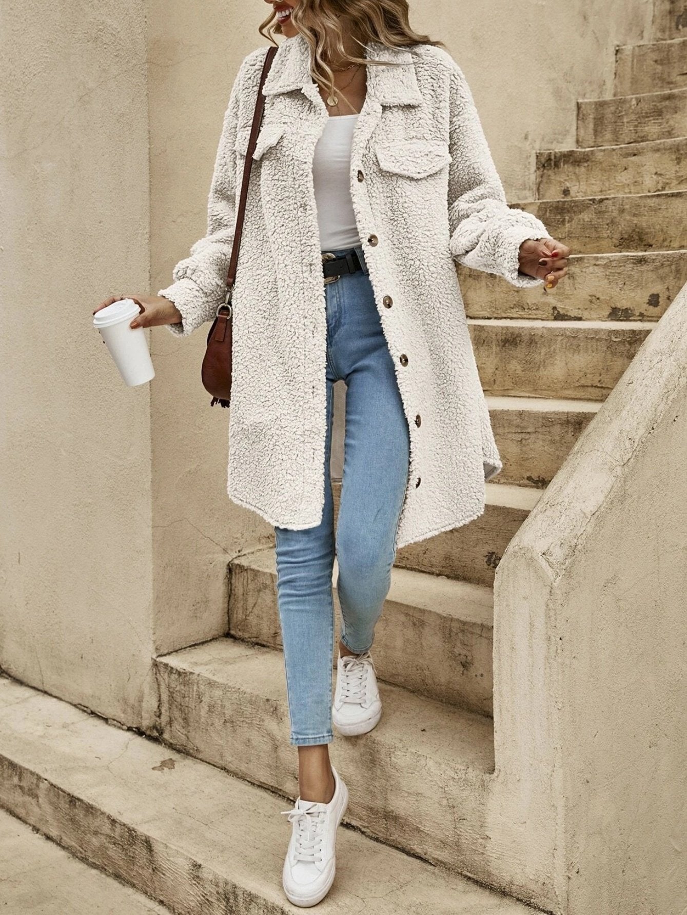 Fluff/Granular Fleece Fabric Plain Shawl Collar Elegant Coat