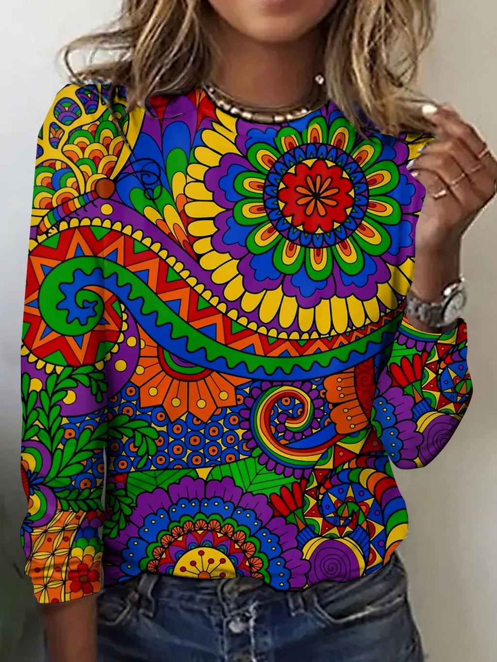 Retro geometric floral long sleeved T-shirt