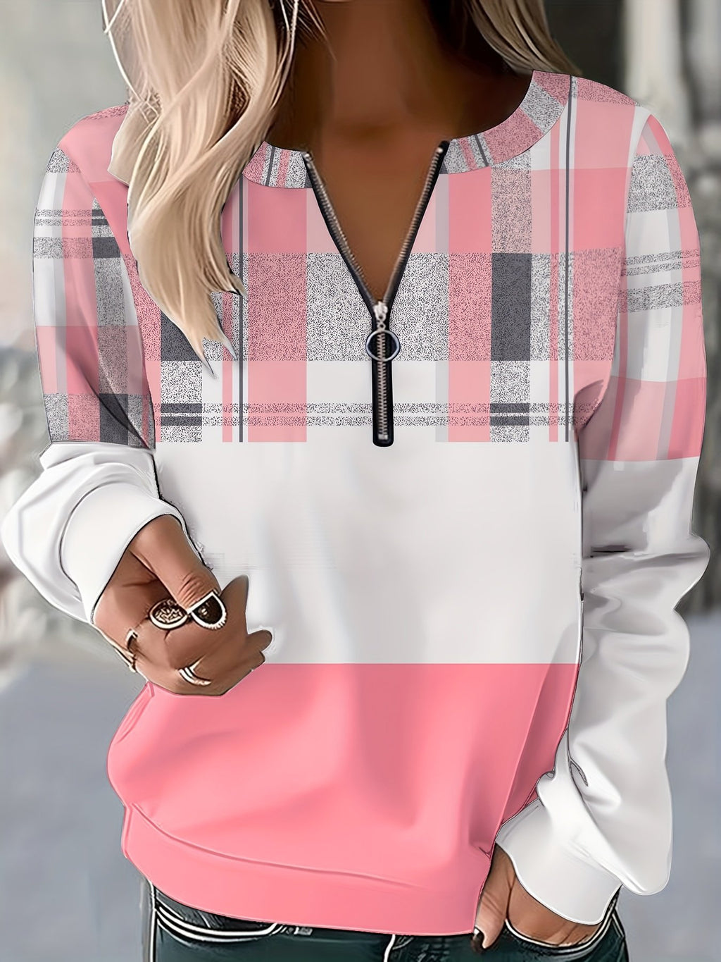 Long Sleeve Front Center Zip Plaid Sweatshirt