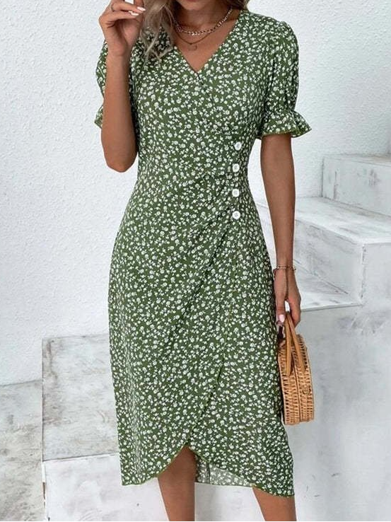 Ditsy Floral Puff Sleeve Wrap Midi Dress Elegant V Neck Summer Dress