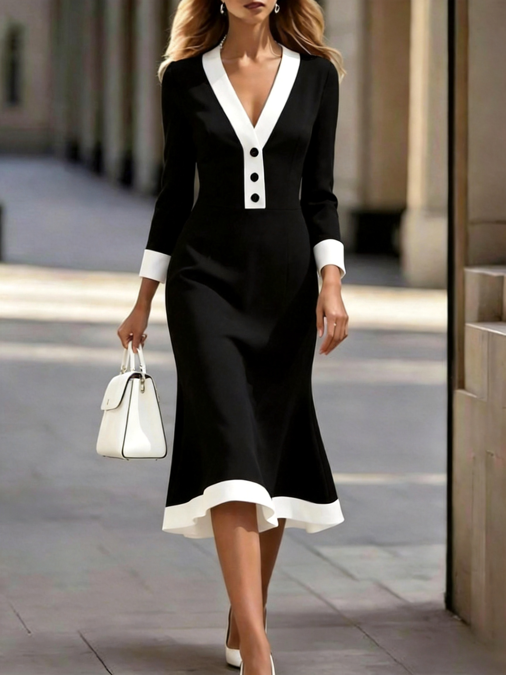 Women's Black Long Sleeve White Trim V Neck Midi Dress Elegant Bodycon Dress