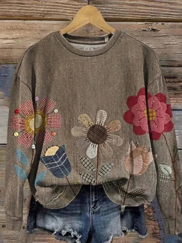 Vintage Floral Print Round Neck Long Sleeve Sweatshirt