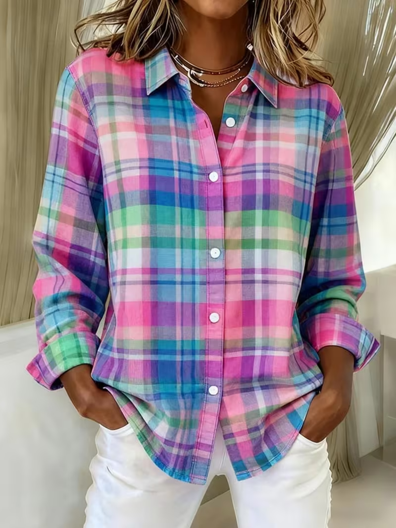 Women's Long Sleeve Shirt Spring/Fall As Picture Plaid Buckle Shirt Collar Regular Sleeve Daily Going Out Casual Top