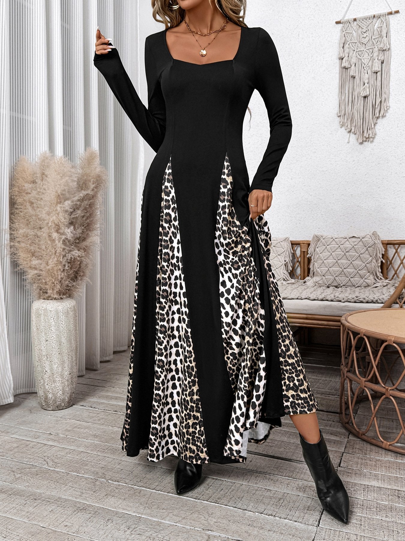 Vintage Regular Fit Others Leopard Dress With No