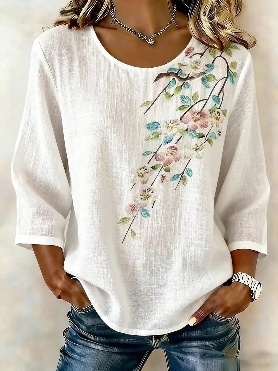 Women’s White Floral Bird Print 3/4 Sleeve Round Neck Boho Blouse