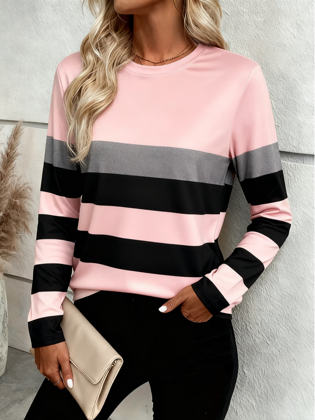 Women's Long Sleeve T-shirt Spring/Fall Pink Striped Printing Jersey Crew Neck Daily Going Out Casual Top