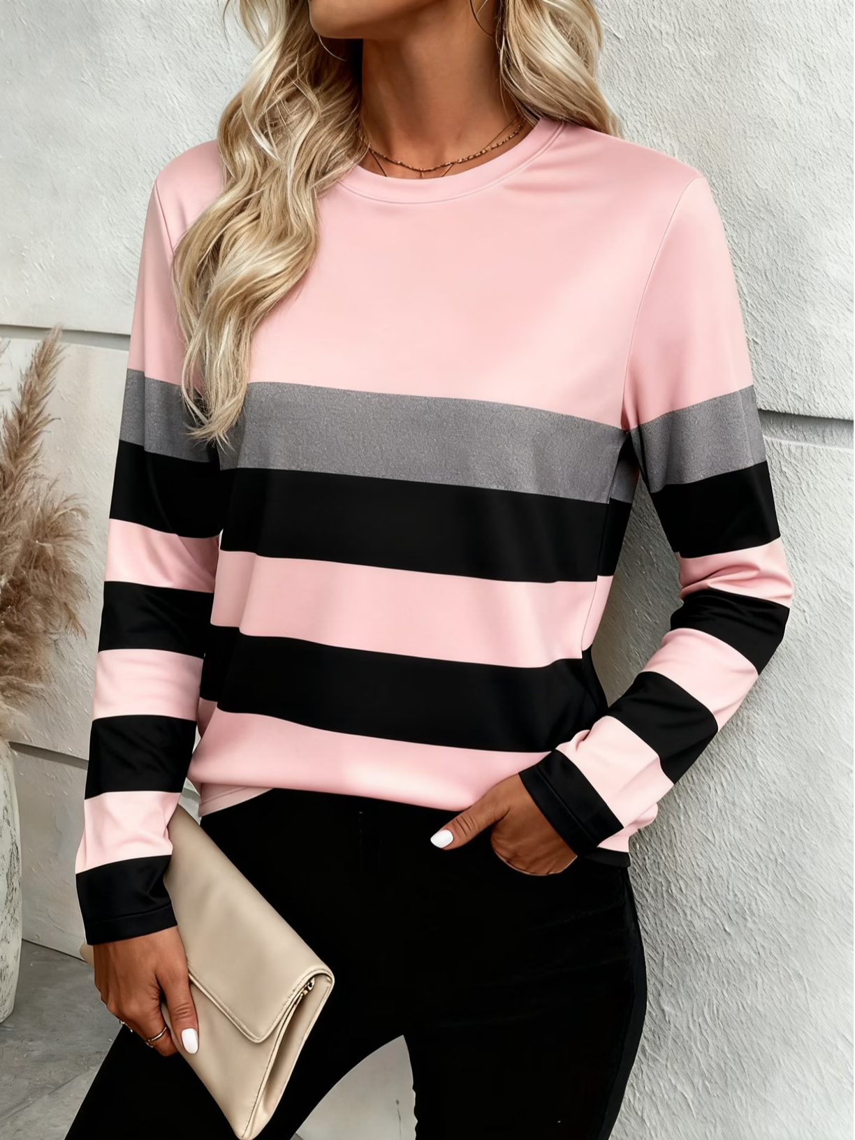 Women's Long Sleeve T-shirt Spring/Fall Pink Striped Printing Jersey Crew Neck Daily Going Out Casual Top