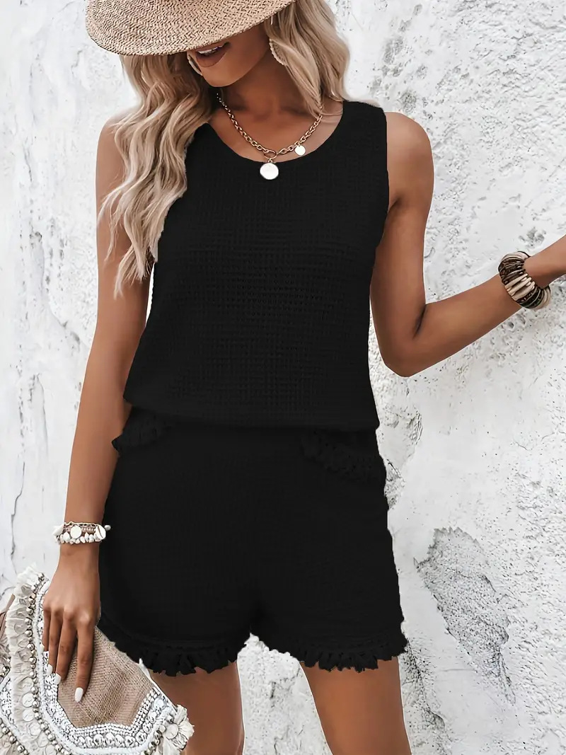 Knitted Crew Neck Sleeveless Top With Shorts Tassel Summer Two-Piece Set