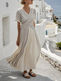 Women's Short Sleeve Summer Black Striped Split Joint V Neck Daily Going Out Vintage Maxi A-Line T-Shirt Dress Dress
