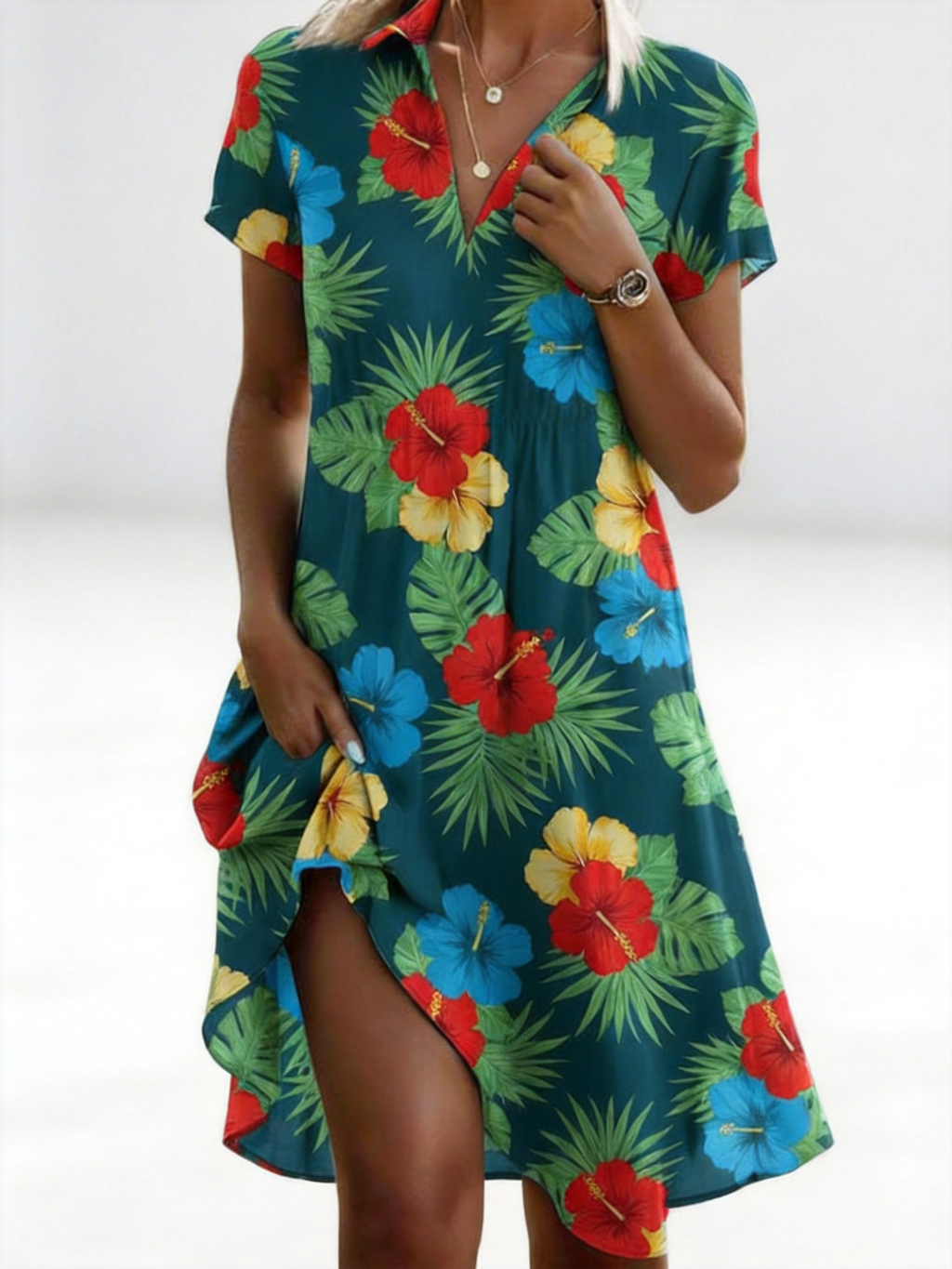 Tropical Sytle Leaf Shirt Collar Shirt Dress With No