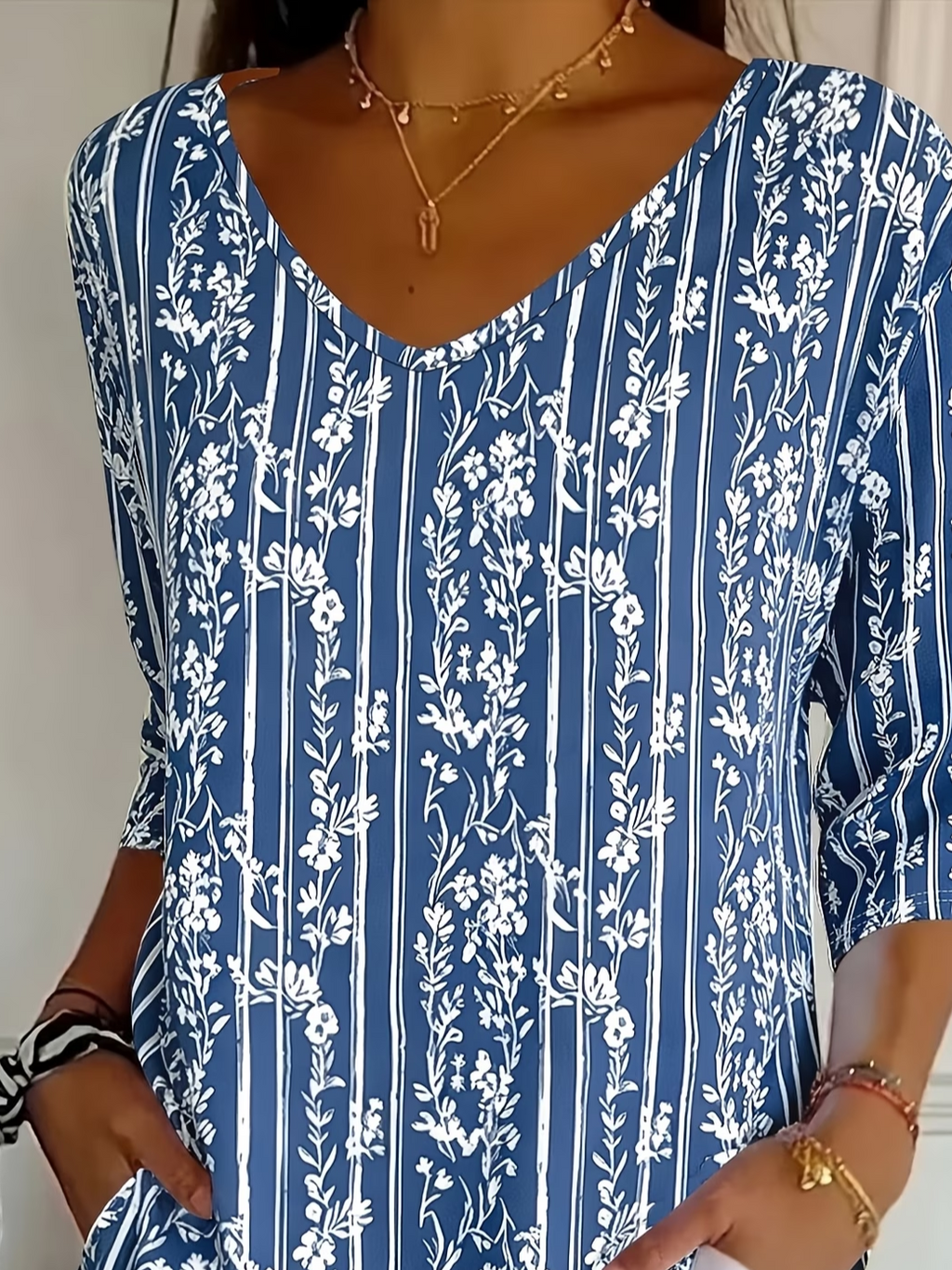 Women's Three Quarter Sleeve T-shirt Spring/Fall Blue Floral Printing V Neck Daily Going Out Casual Top