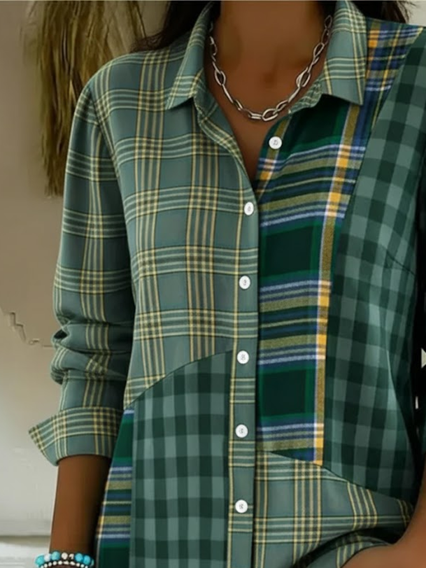 Women's Long Sleeve Shirt Spring/Fall Green Plaid Buckle Shirt Collar Regular Sleeve Daily Going Out Casual Top