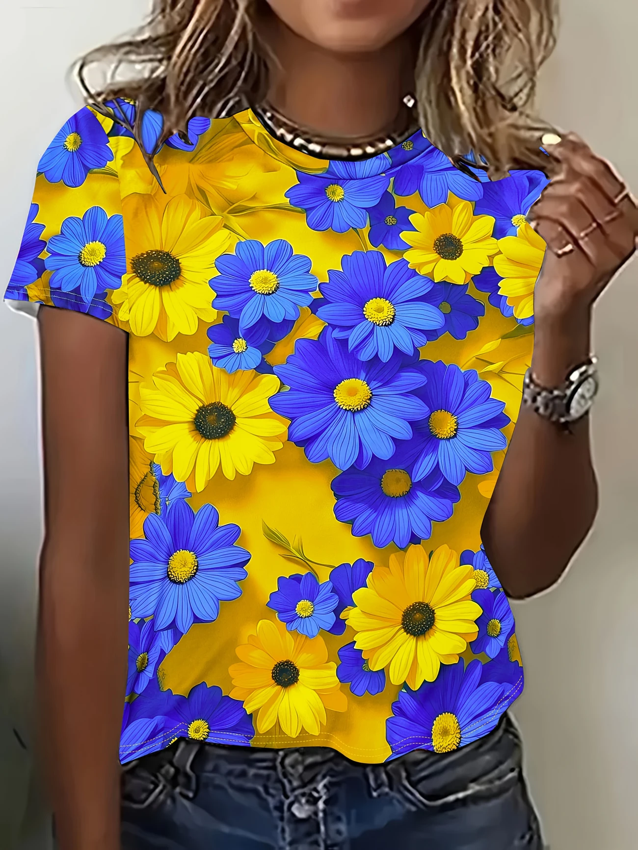 Women's Floral Print Casual Crew Neck Short Sleeve T-Shirt