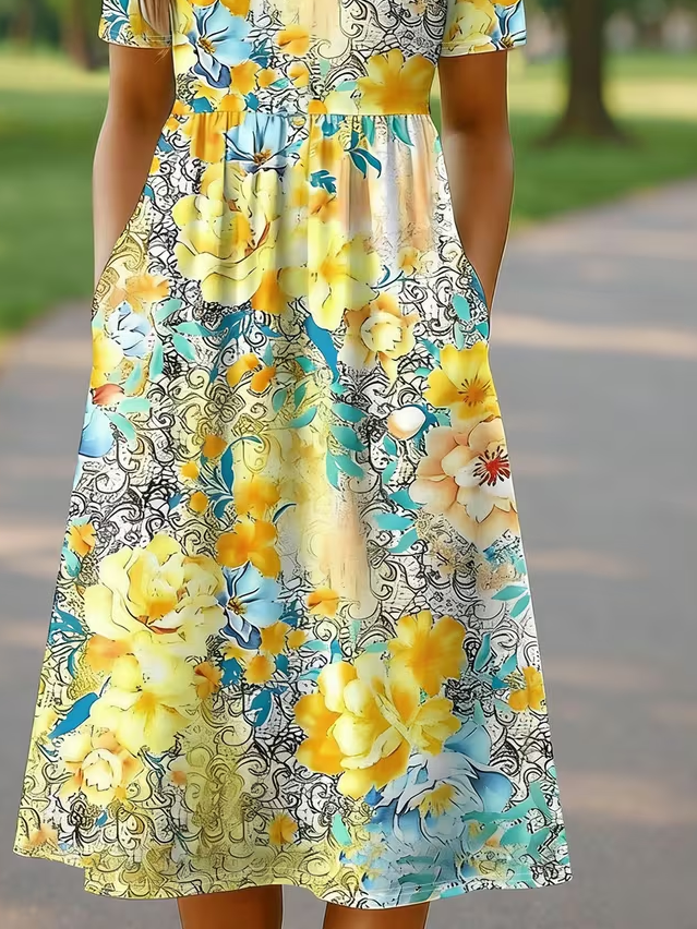 Women's Short Sleeve Summer Yellow Floral Printing Crew Neck Daily Going Out Casual Maxi H-Line Shift Dress Dress