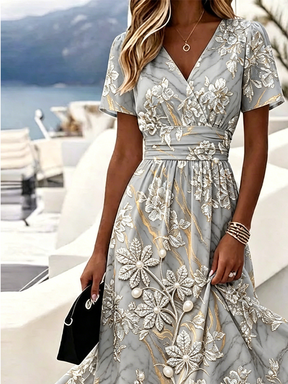 Women's Grey Marble Floral 3D Print Slimming Wrap Midi Dress V-Neck Short Sleeve Elegant A-Line Dress